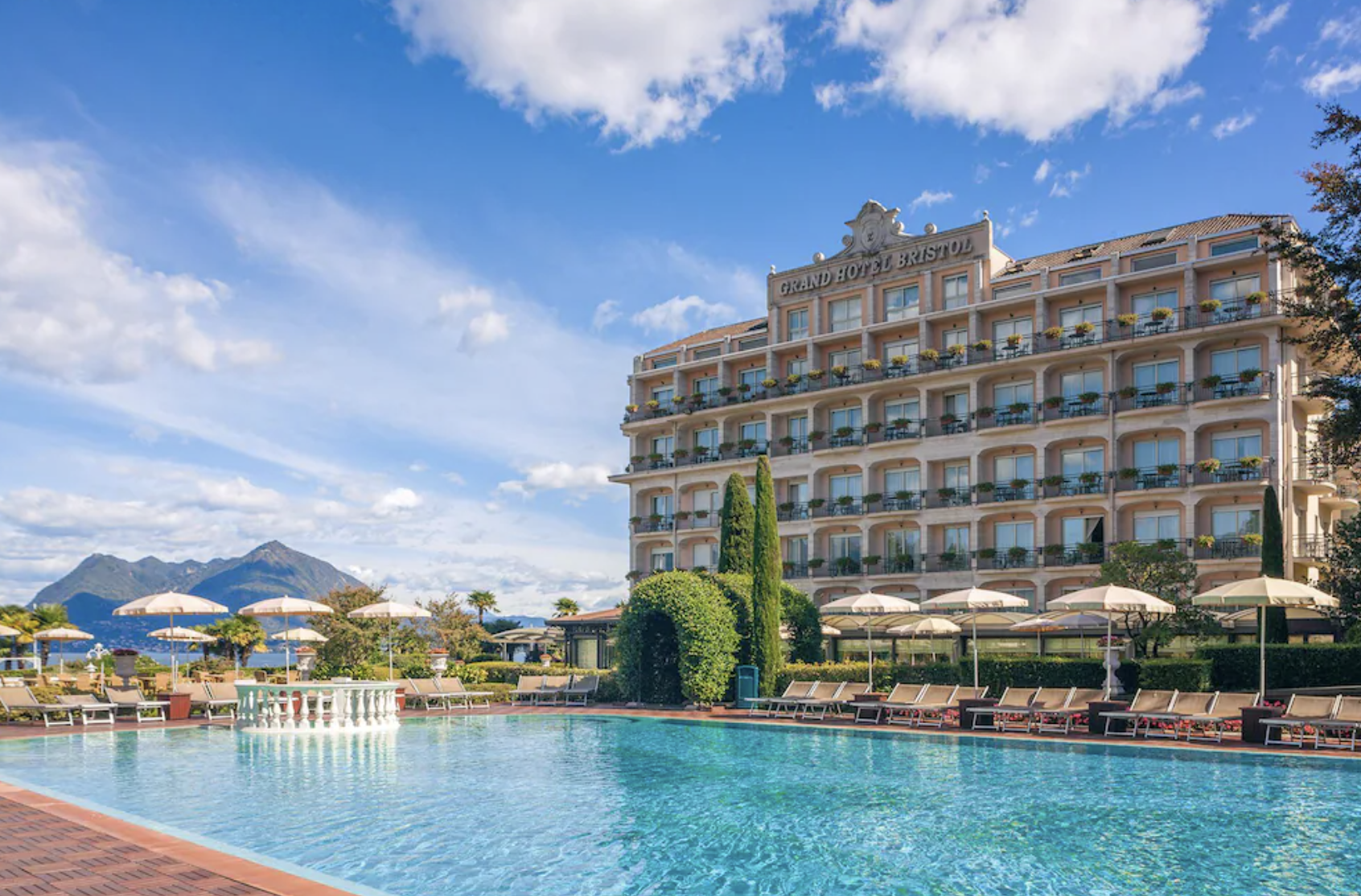 Grand Hotel Bristol exterior view with Lake Maggiore in the background