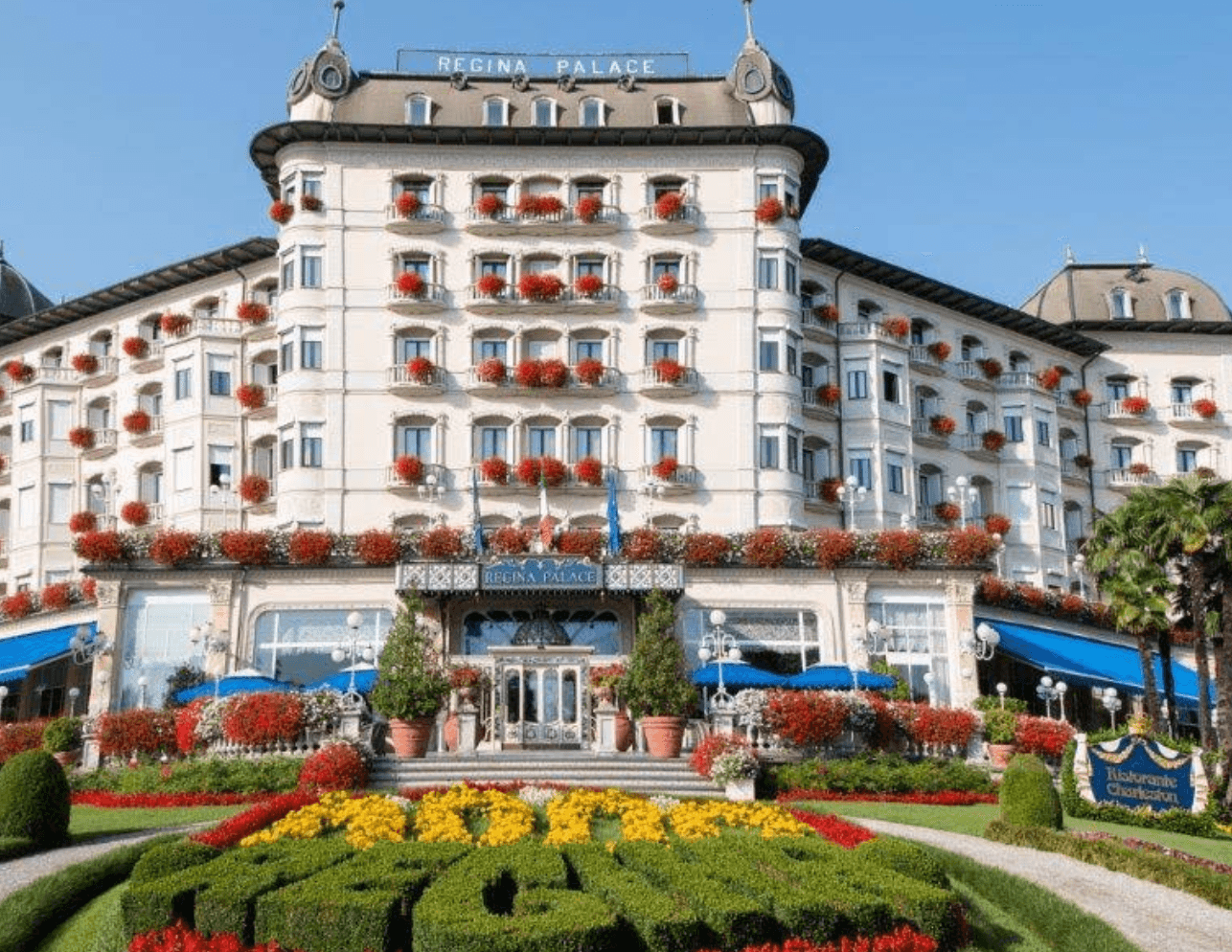 Regina Palace Hotel exterior view with Lake Maggiore in the background